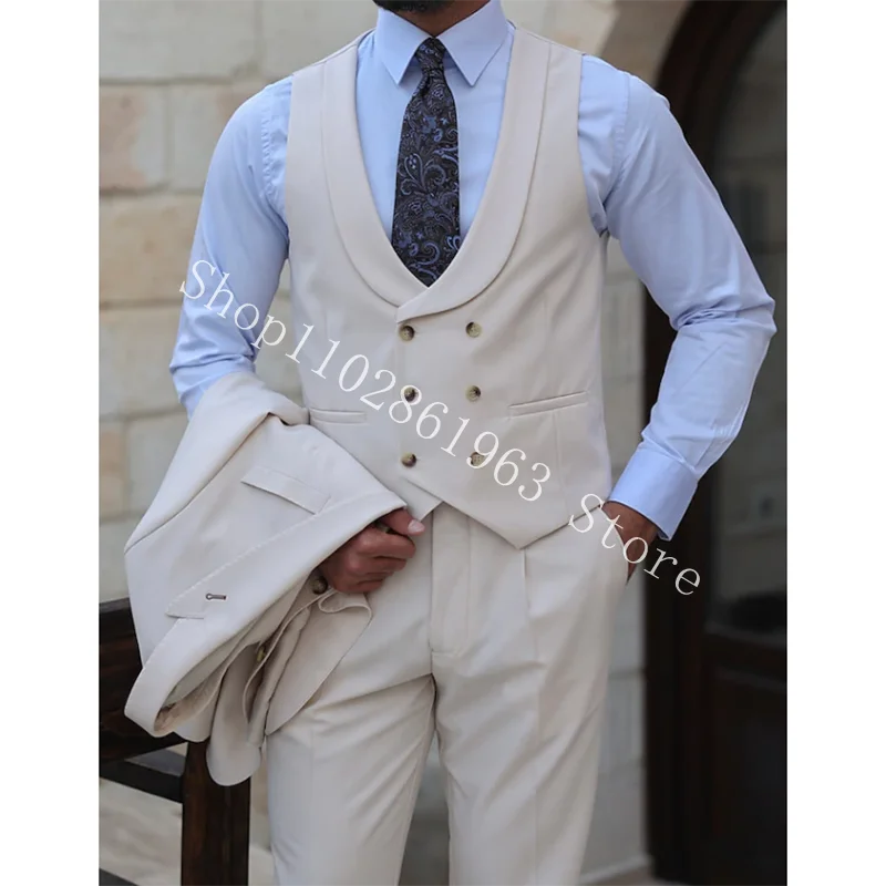 Ivory Weddding Suits For Men Peak Lapel Two Buttons 3 Pieces Formal Groomsmen Bridegroom Wedding Tuxedos Blazer Trajes De Hombre