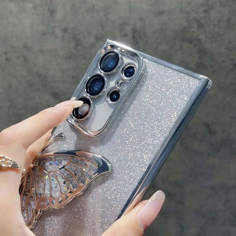 3D Glitter Butterfly Quicksand Electroplate Phone Case with Built-in Lens Film