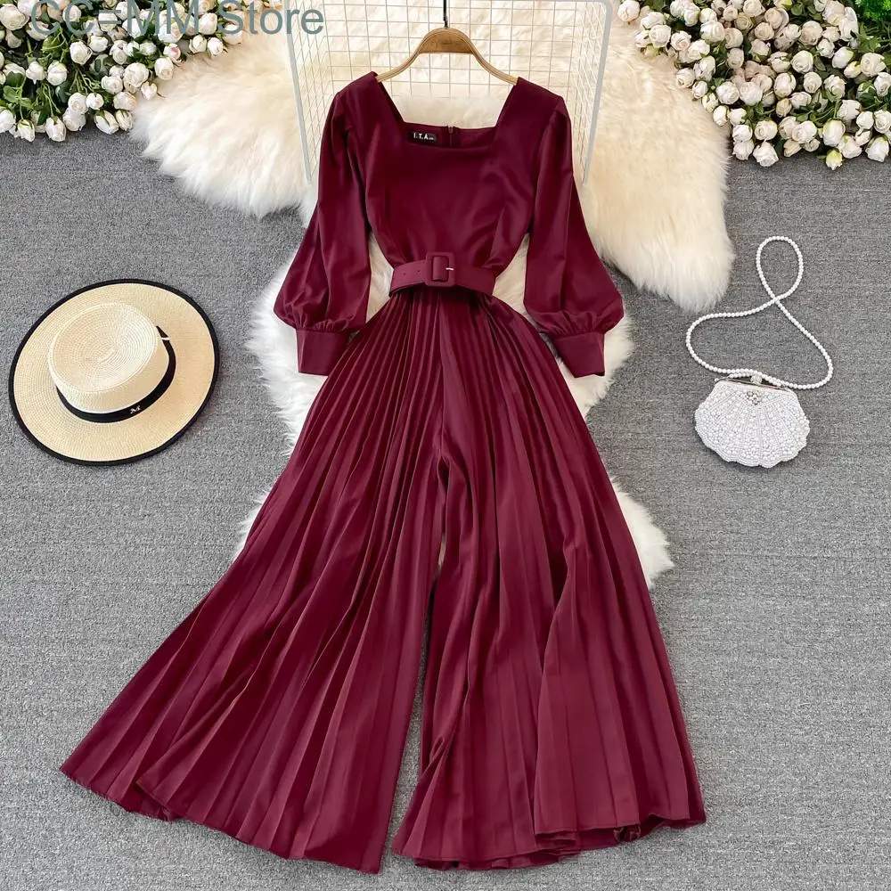 New Sweet Style Women Jumpsuits Pleated Square Collar High Waist Solid Color Lace-up Jumpsuit Spring Summer