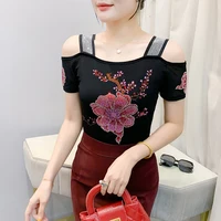 High Quality Summer Slim Sweet Girls T-Shirt Shiny Flower Design Hot Diamonds Tops Women's Brand Clothes Sexy Tees - Image 5