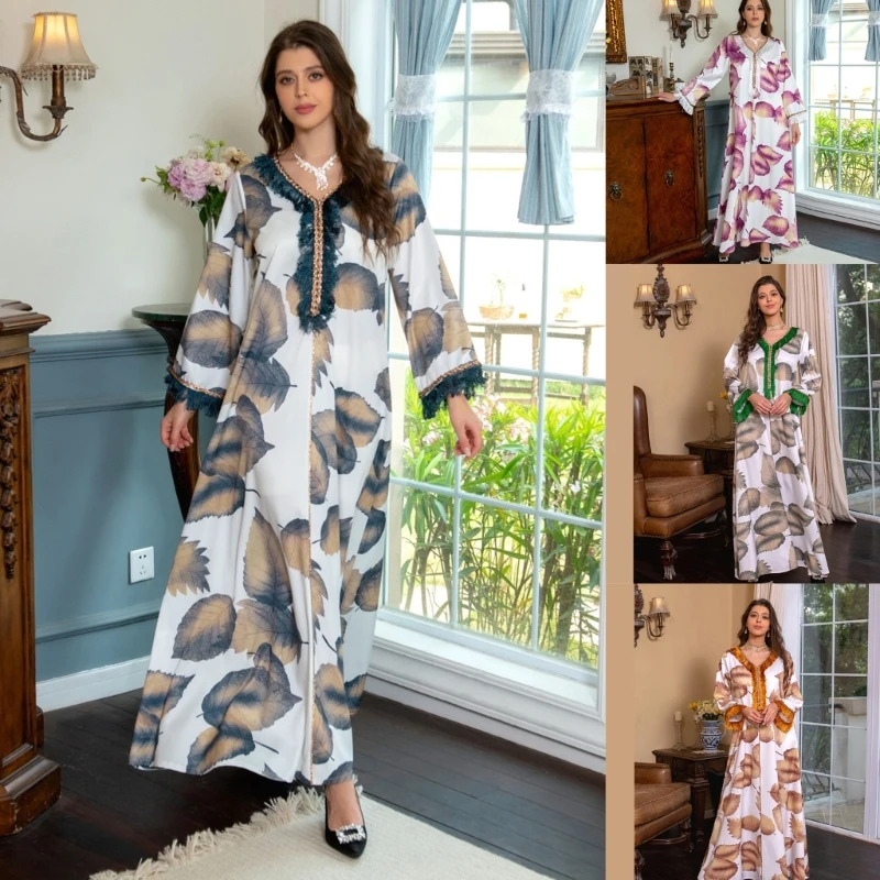 

Muslim Islamic Dress for Women Rhinestones Dress Ladies Floral Print Dress