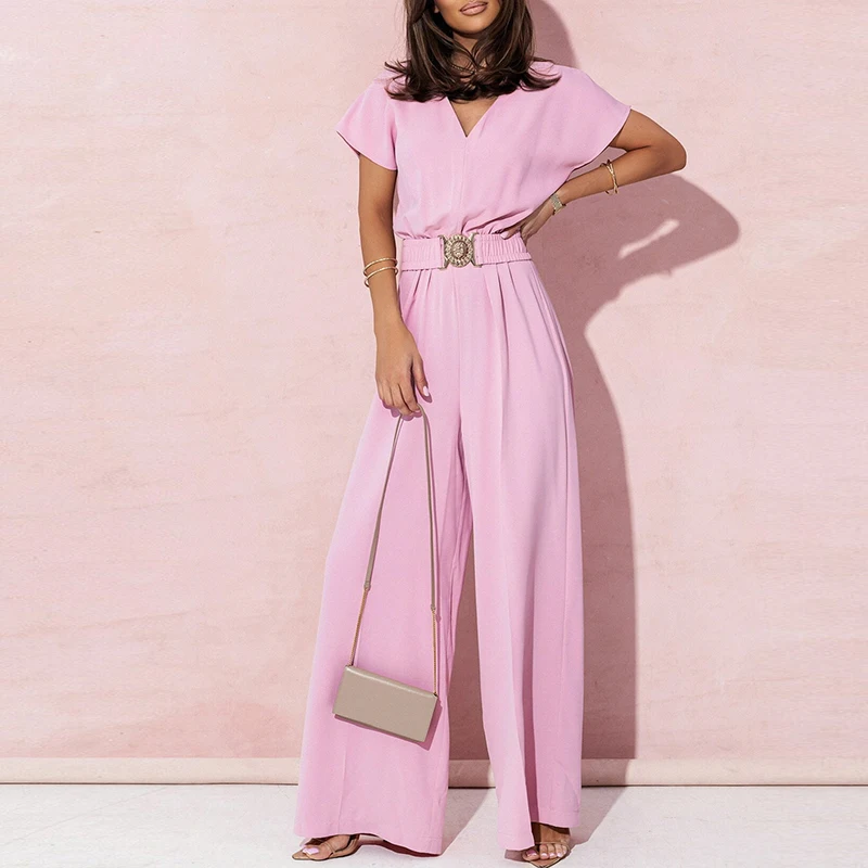 

New 2024 Fashion Women High Waist Pleated Romper Summer Casual Short Sleeved Party Jumpsuits Elegant V-neck Belt Solid Playsuit