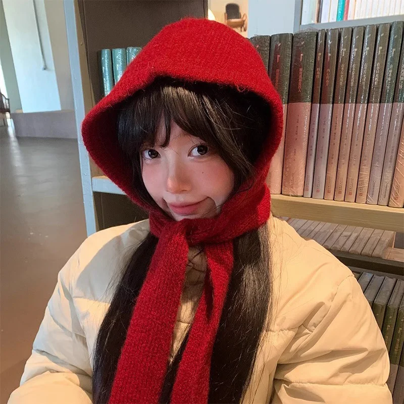 Knitted Hooded Scarf Winter Thickened Warm Universal Hooded Scarf Home Winter Outdoor Skiing Travel Essential
