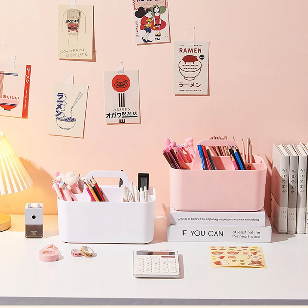 Desktop Marker Holder Art Supply Storage Box Cosmetic Plastic Storage Basket With Handle Pencil Pen Stationery Case pencil case pen holder desk organizer pen and brush holder desk storage rack
