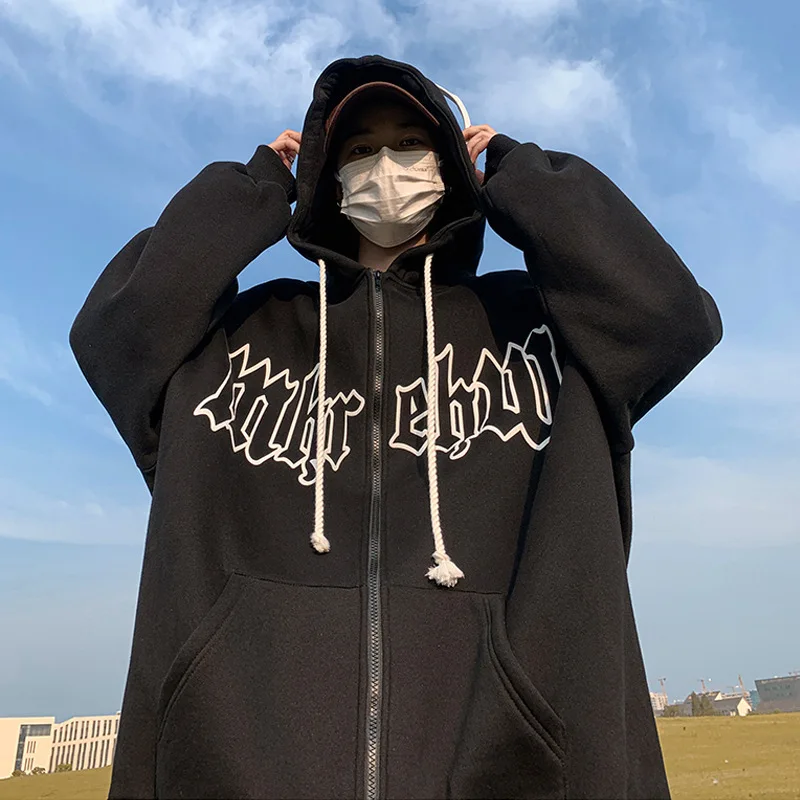 

Women Vintage Zip Up Hoodies Harajuku Casual Letter Print Long Sleeve Loose Hooded Sweatshirts Goth Streetwear Jackets Coats Y2k