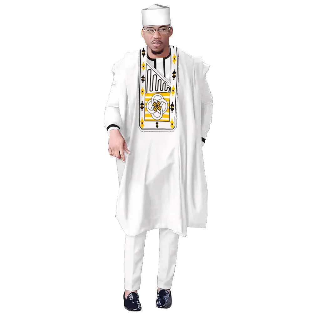 Traditional Boubou Shirt Pants with Hat 4 PCS Set Wedding Party Clothes African Bazin Riche Outfits Ankara Dashiki Men Agbada
