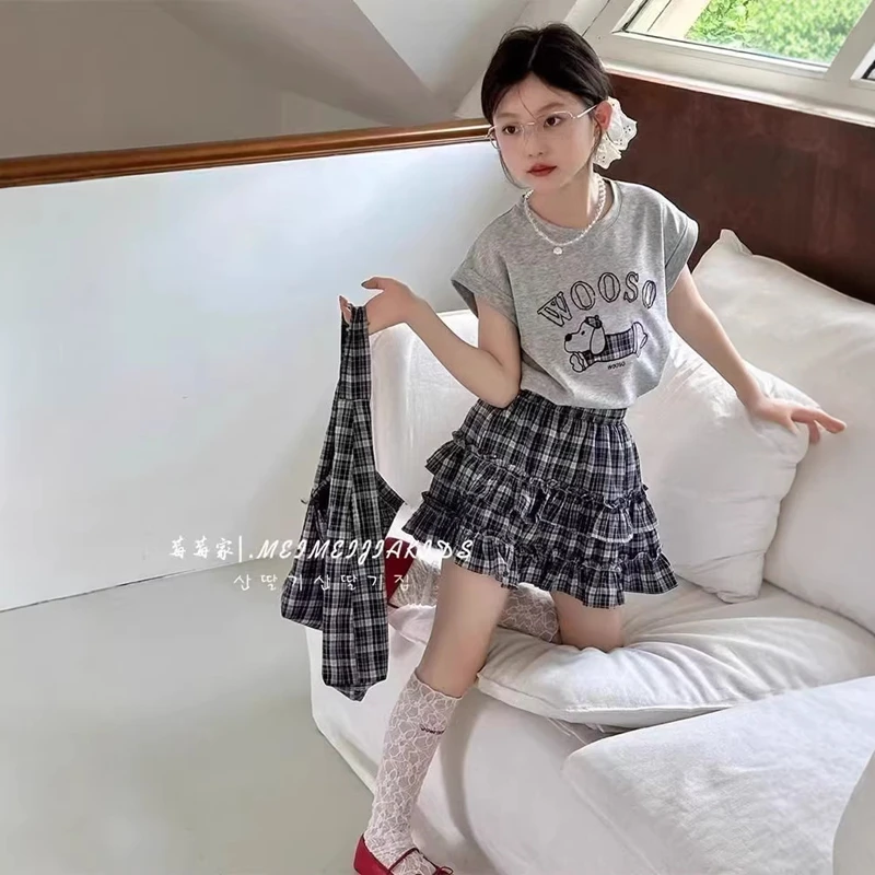 Toddler Girl 2Pcs Summer Outfits Cute Cartoon Print Short Sleeve T-Shirt Plaid Ruffle Skirt Set Kids Girls Casual Daily Clothes 2