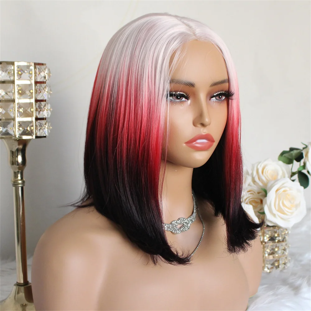Ombre Pink Bob Wig Wear and Go Glueless Synthetic Lace Wig Pre Plucked Pre Cut for Beginner 14inch Ready to go Middle Part
