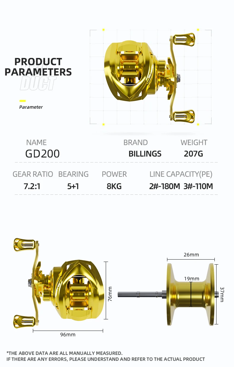 BILLINGS GD-Serie 7,2:1 Übersetzungsverhältnis Baitcasting-Rolle, 5+1 BB-Angelrolle aus Edelstahl mit maximaler Zugkraft von 18 Pfund/8,16 kg, Angelrolle – Detail 9