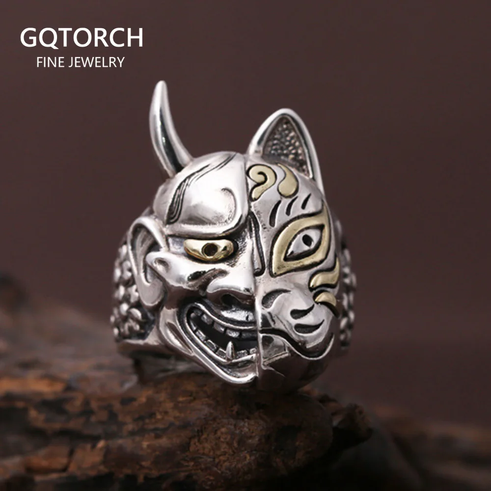 Anello Maschera Hannya In Vero Argento Sterling 925 Massiccio Per Uomo Retro Vintage Cool Big Mens Biker Ring Buddismo Jewelry