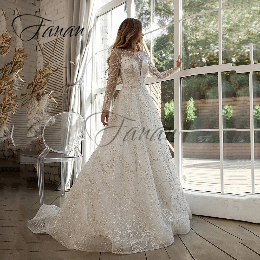 

Scoop Neck A-Line Wedding Dresses Backless Glittery Lace Appliques Long Sleeve Bridal Gown Свадебное платье vestido feminino