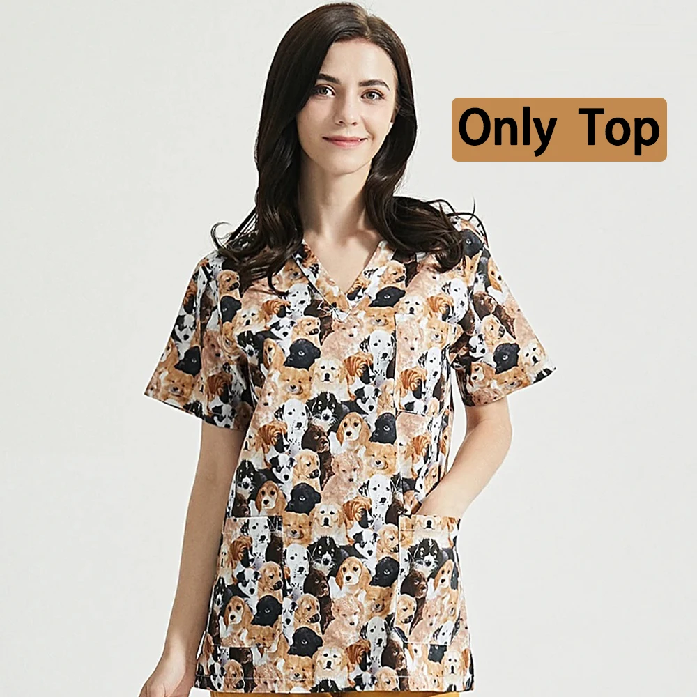 VIAOLI Pet Club Work Uniforms Spa Lab Beauty Salon Workwear Wonder Women Printing Scrubs Tops Women Scrubs Costume nurse scrubs top,nurse uniform suits,work uniform sets
