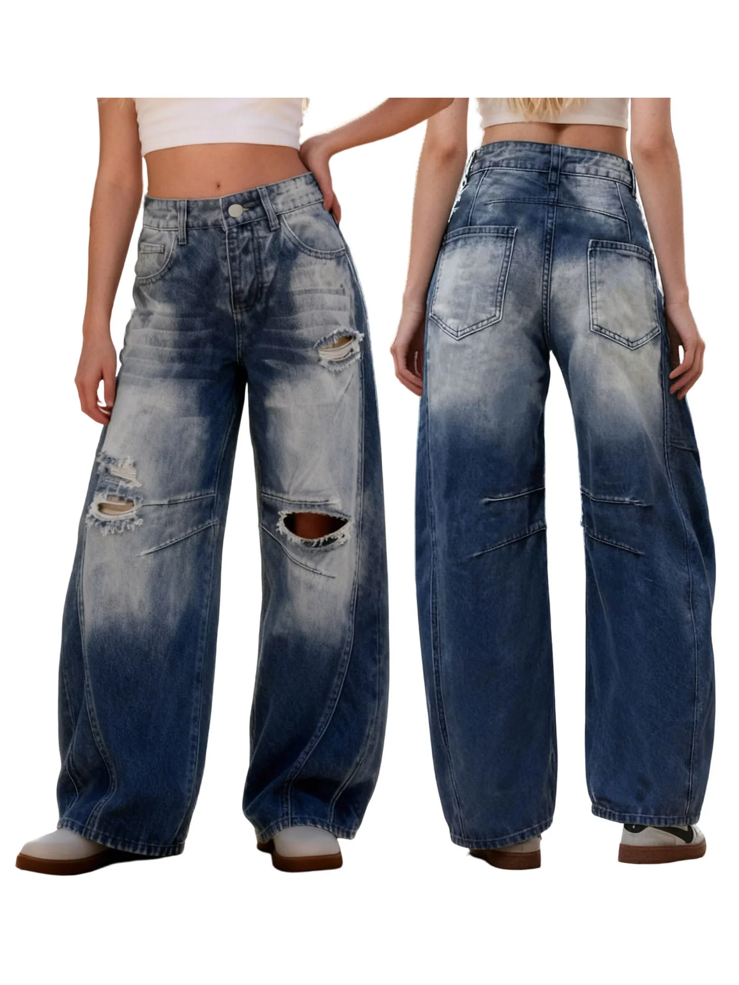 Women s Distressed Wide Leg Denim Pants High Waisted Vintage Loose Jeans with Stylish Pockets for Casual Street Style Fashion