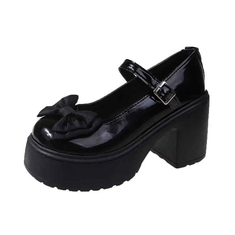 White Round Toe Platform High Heels Women Mary Jane Shoes Retro Bows Elegant Chunky Heel Women's Wedding Shoes 6