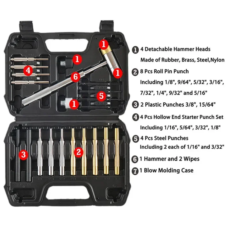 21Pcs 롤 핀 펀치 세트 양면 황동 망치 전문 Gunsmithing 펀치 도구 휴대용 핸드 툴 키트 총 유지 보수