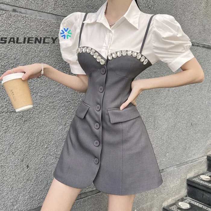 

Summer Fake Two Piece Shirt + Blazer Dress French Puff Sleeve Diamond Decoration Single Breasted Slim Dress Elegant Office Lady