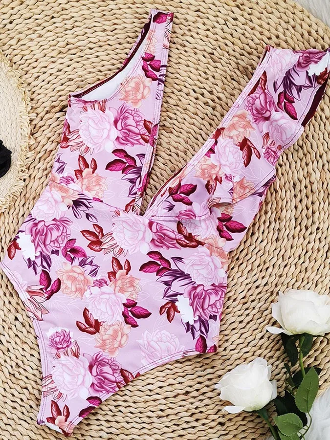 Ruffle Deep V Neck Swimsuit Flower Pattern Bathing Suits  and Skirt Beachwear Summer Women's Swimwear Vacation Sexy / New 2023
