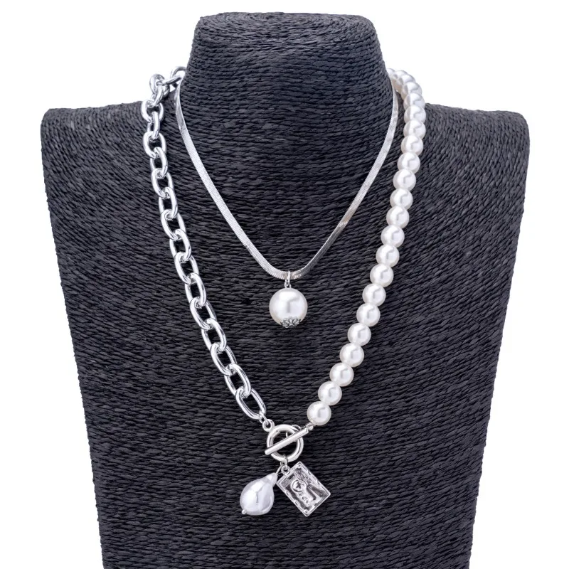 Vintage Baroque Pearl Square Pendant Necklace Alloy Pearl Splicing OT Buckle Stacked Necklace Women's Luxury Jewelry Necklaces