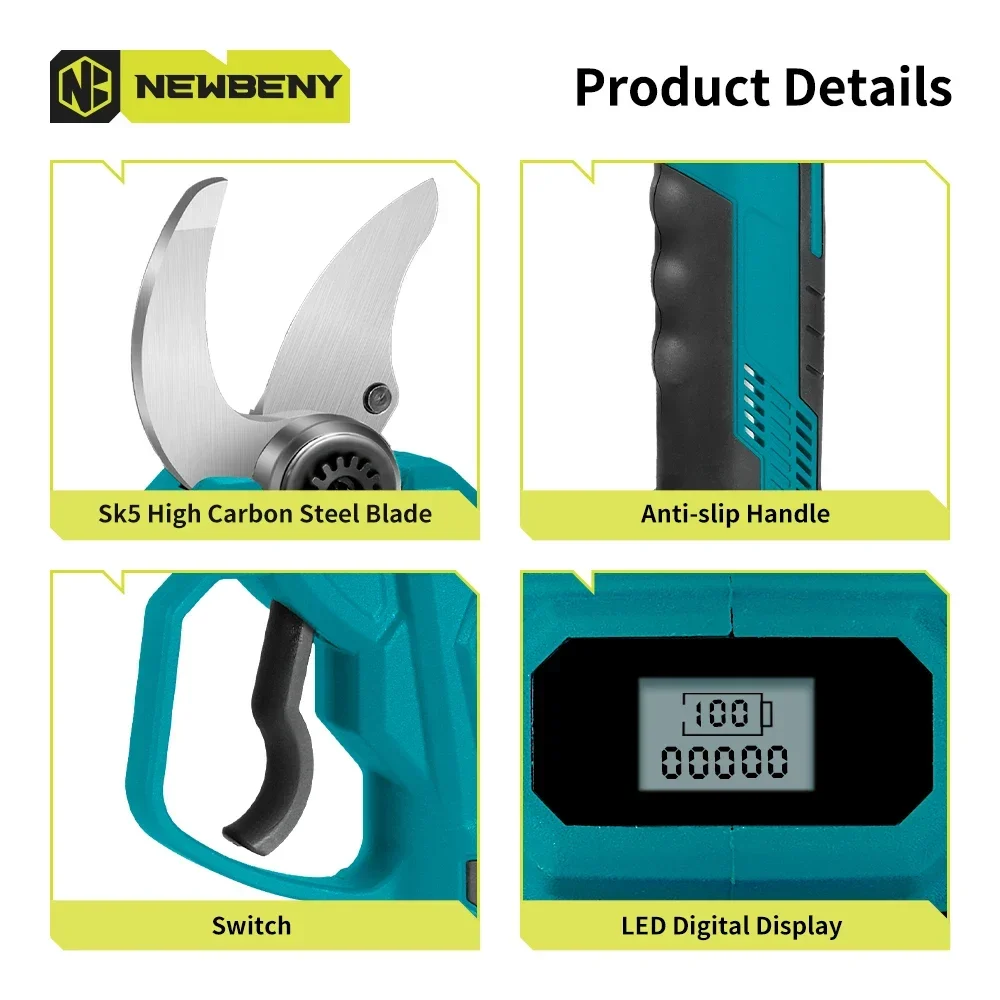 NEWBENY 30mm Brushless Electric Pruning Shears 4 Gears Cordless Multifunction Garden Tree Beautify Tools For Makita 18V Battery