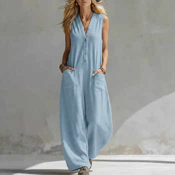 Jumpsuits women 2026 rompers Double-pocket casual linen cotton sleeveless long jumpsuits women's clothing 1