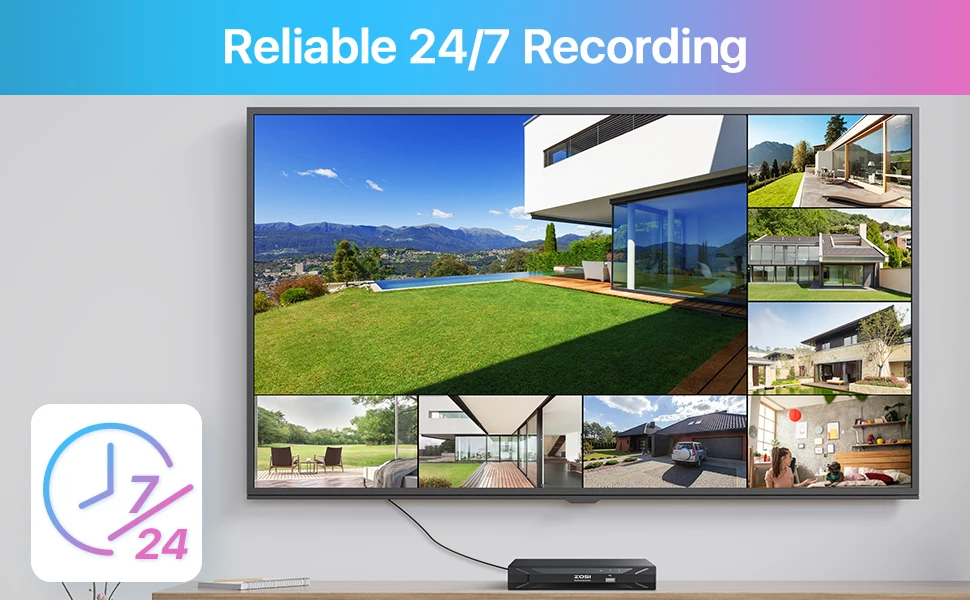 A large TV screen displays images from multiple wireless surveillance cameras showcasing different views of a modern house and its surroundings.