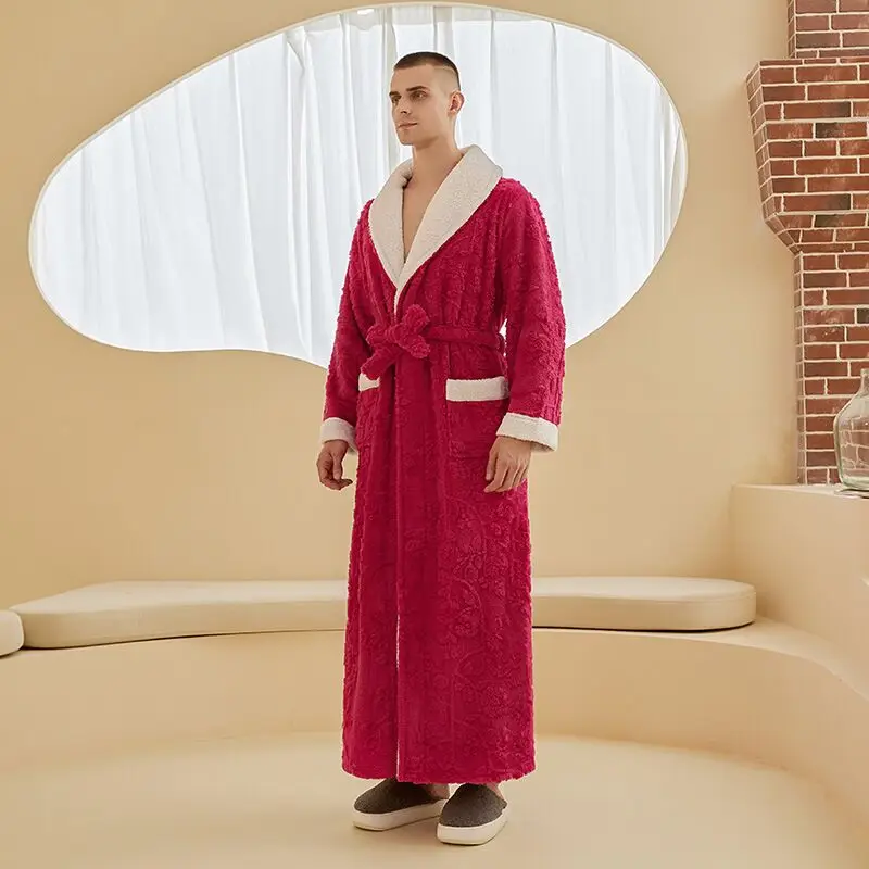 Winter Luxury Double-layer Thicken Flannel Men Shower Robe Couples Jacquard Bath Bathrobes Warm Kimono Terry Long Dressing Gowns