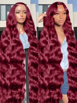 200% Body Wave Wig Burgundy 99J Lace Front Wig 13x4 13x6 HD Lace Frontal Wig Human Hair Pre Plucked 99j Red Colored Wig 1