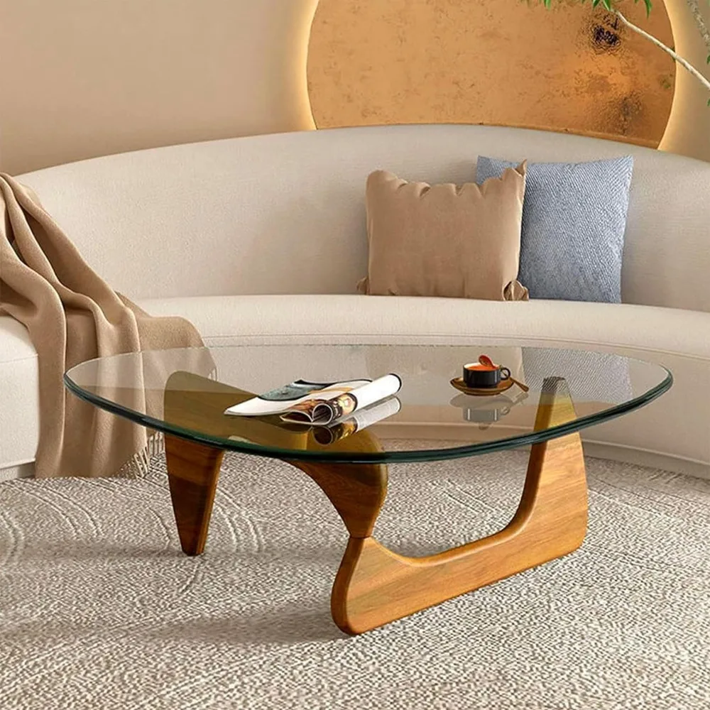 Coffee Tables for Living Room Triangle Glass Coffee Table with Wooden Base Mid-Century Modern Abstract End Table for Study Room