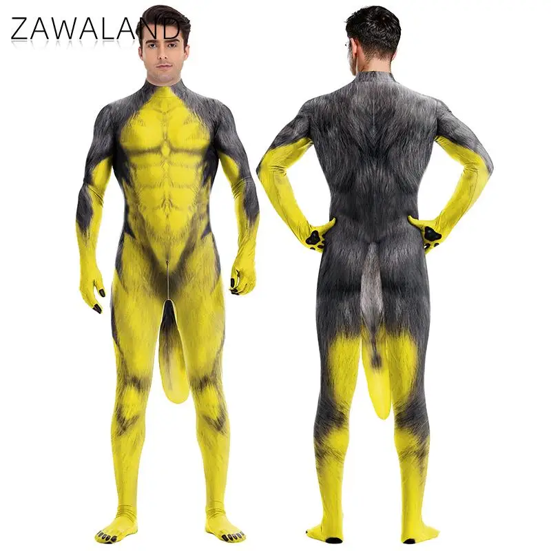 Zawaland Men Yellow Wolf Cosplay Costume Animal Petsuit Fancy Carnival Zentai Bodysuit with Tail Crotch Zipper Sexy Jumpsuits