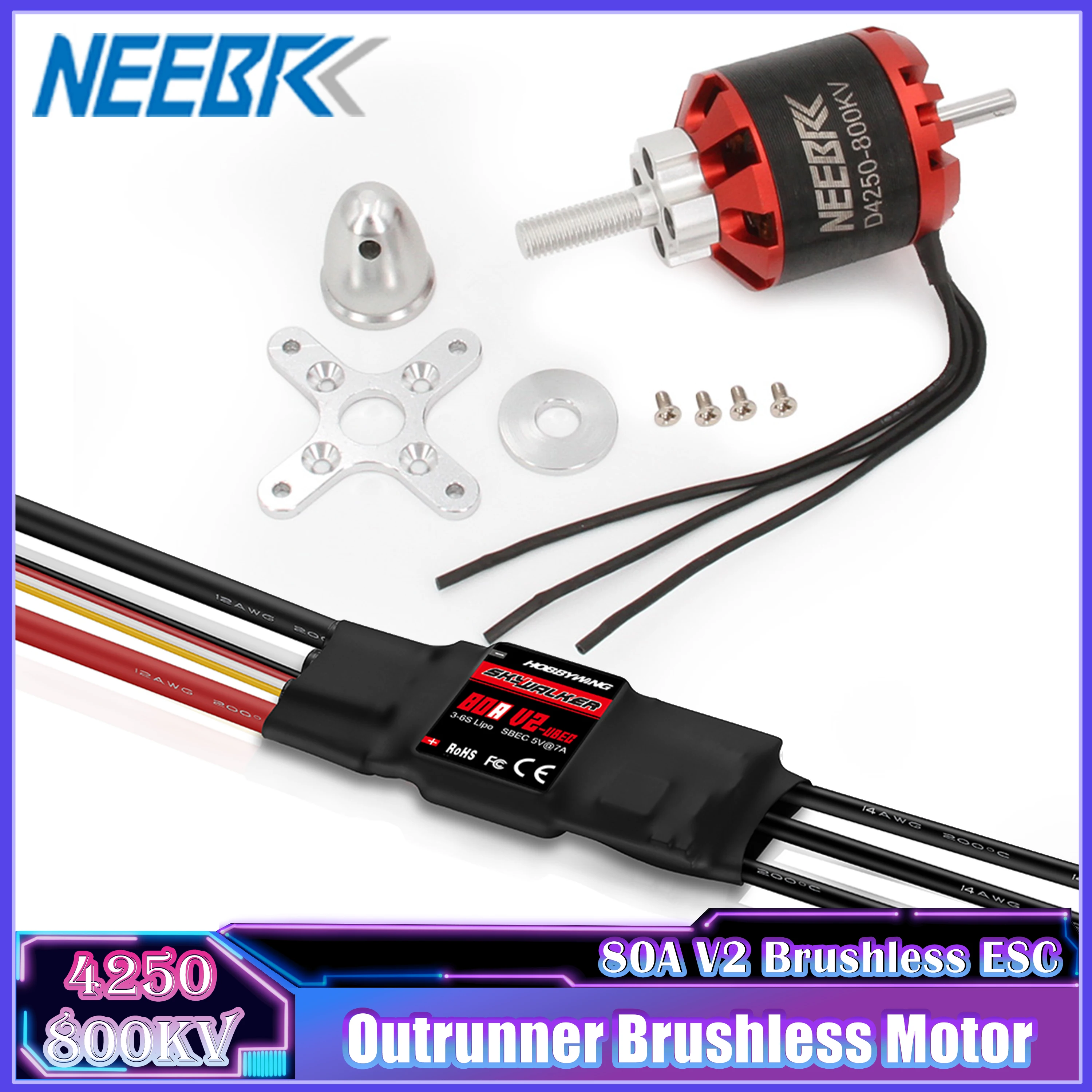 

Brushless Motor 4250 800KV Outrunner 3-7S with 80A V2 ESC Speed Controller for RC FPV Fix-Wing Drone Plane Aircraft Multicopter