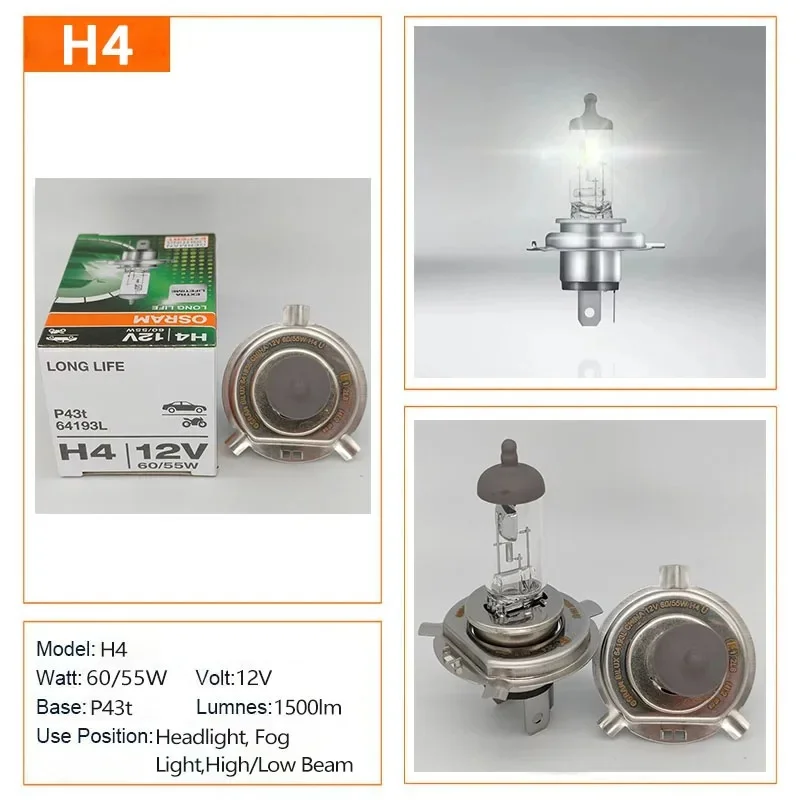 오스람 롱라이프 H1 H4 H3 H7 55W 자동차 할로겐 전구 H11 HB3 9005 HB4 9006 9012 안개등 3200K 옐로우 라이트 표준 헤드라이트 램프