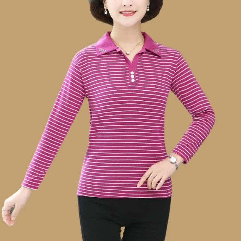 2023 Autumn and Winter New Casual Commuter Women's Clothing Spliced Buttons Stripe POLO Collar Long Sleeve Temperament Pullover