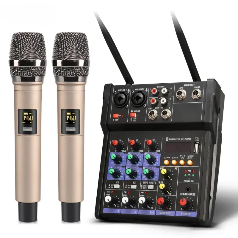 

4-channel Mixer Console Wireless Microphone Mixing with Bluetooth USB Mini DJ Mixer