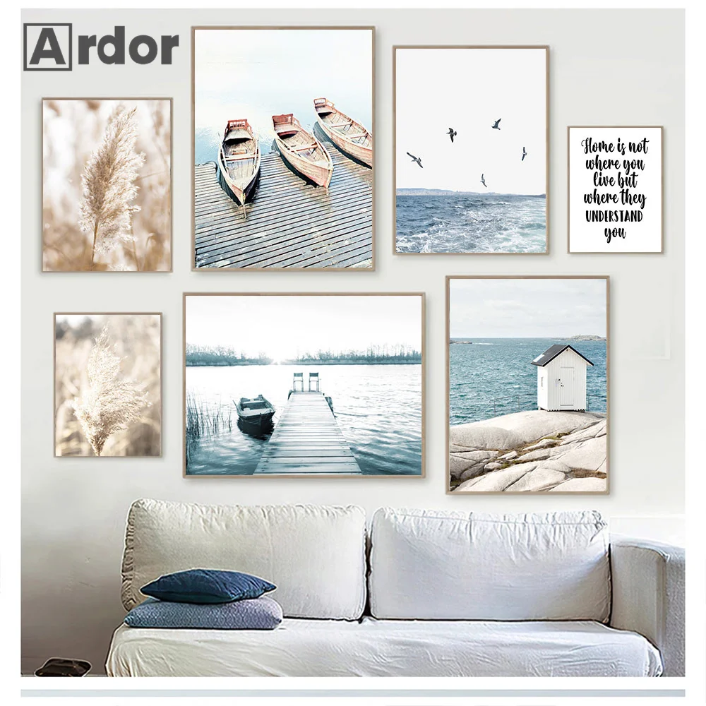 

Autumn Reed Seascape Poster House Boat Bridge Art Canvas Painting Sea Beach Print Nordic Wall Pictures Living Room Home Decor