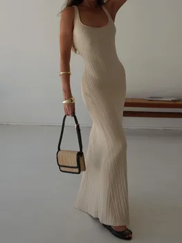 Women Knit Tank Dress Casual Summer Sleeveless U-Neck Party Long Dress for Cocktail Beach Club Streetwear 2