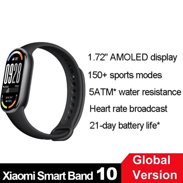 Global Version Xiaomi Smart Band 10 1.72" AMOLED Display 21-day Battery 150+ Sports Modes Heart Rate Broadcast Smart Watch 5ATM
