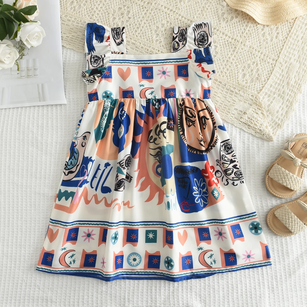Bear Leader Girls' Set 2023 Summer New Casual Dress Flying Sleeve Graffiti Painting Dress Sleeveless Princess Fashion Dress
