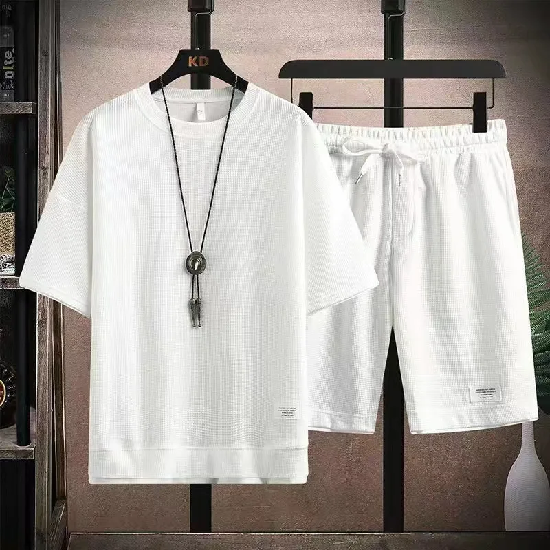 Men's Sports Casual Waffle Short-sleeved Suit Summer T-shirt + Shorts K-style 2-piece Set European Size