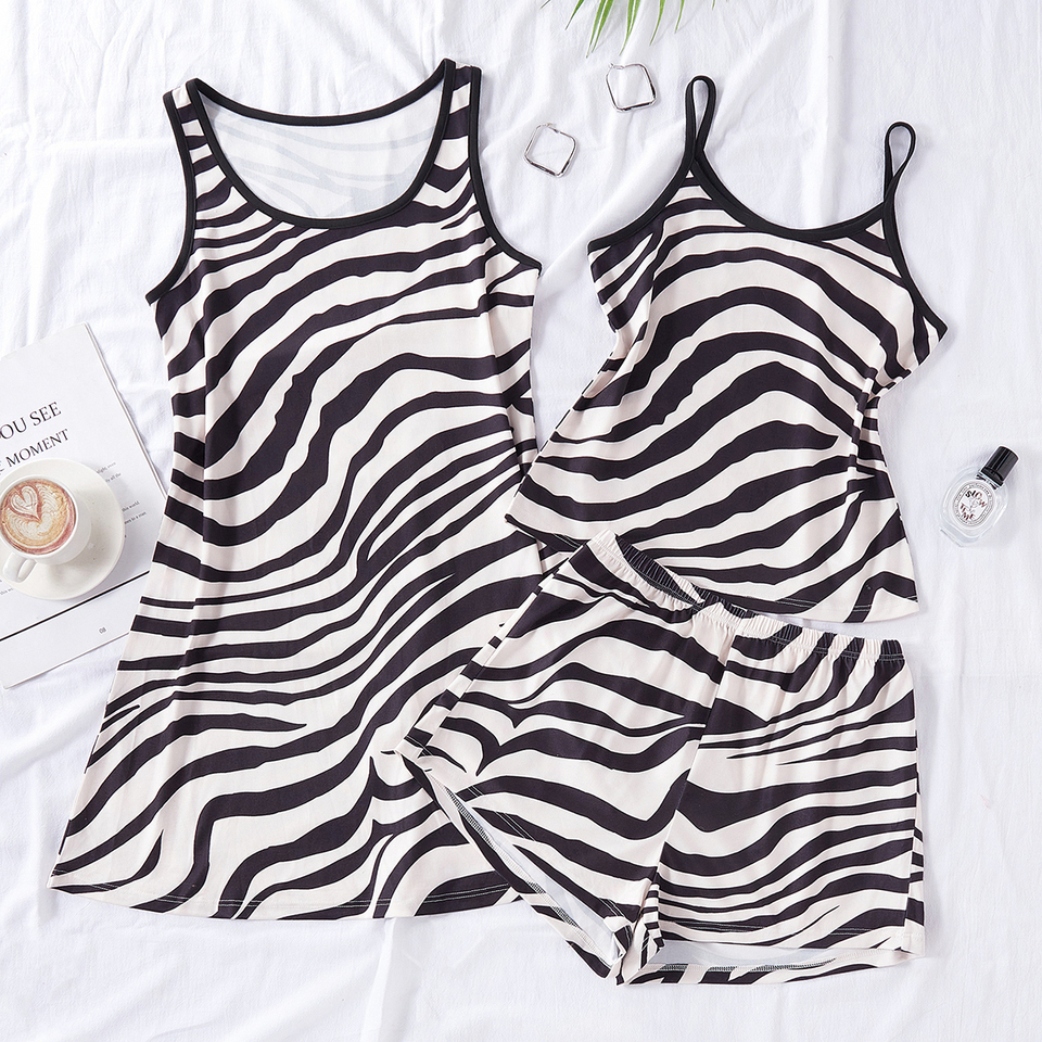 3-Piece Women's Spring and Summer Lazy Style Casual Simple Zebra Pattern Summer Pajamas for Women Middle Eastern Stylish Ins Nightgown Nightgown Pajamas Set