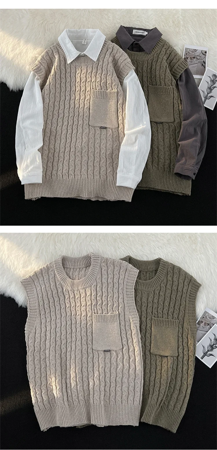 Description Picture 5 of itemMen's Autumn/winter Vintage Solid Color Loose-fit Round Neck Sweater Vest Trendy Casual Shoulder Vest Knitted Pullover
