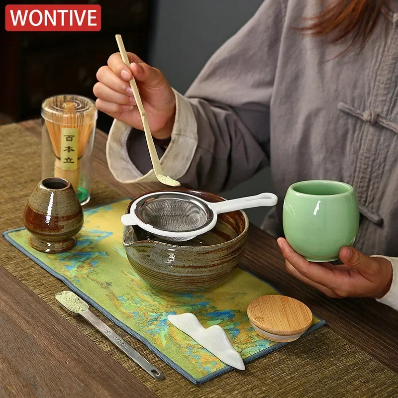 Matcha Tea Set Matcha Tea Tools Tea Ceremony Tools Coarse pottery Tea Brush Stand Matcha Bowl Set Song Japanese Matcha Tools Tea Spotting Instruments Ceremony Accessories