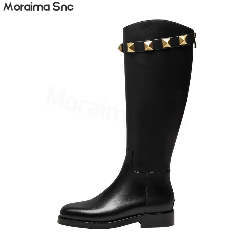 

Metal Rivet Buckle Knight Boots Black Metal Buckle Retro Knee-High Boots Oblique Flat Bottom Women's Personalized Fashion Boots