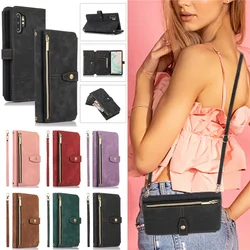 Long Lanyard Leather Case For Samsung Galaxy Note 20 Ultra 10 S24 S23 S22 S21 FE S20 S10 S9 Plus Zipper Wallet Card Phone Cover