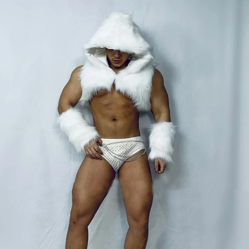 tango outfit men Men'S Nightclub Bar Gogo Dancer Costume Sexy White Hooded Fur Vest Suit Burning Man Stage Rave Outfit Pole Dance Clothing XS3660 cha cha men's clothing