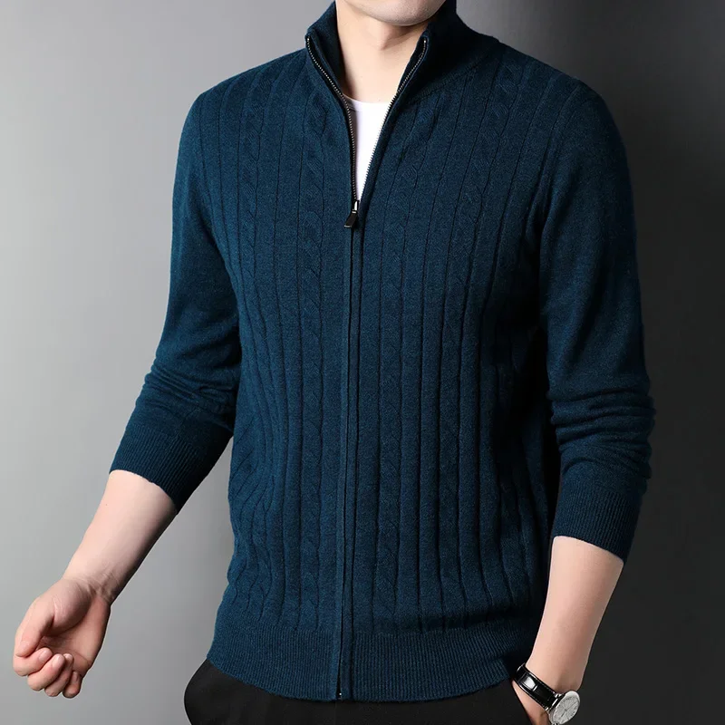 

Pure Wool Sweater Men's Sweater Coat Autumn Winter Stand Collar Twist Thick Knit Cardigan All-Matching Outer Wear Men's Clothing