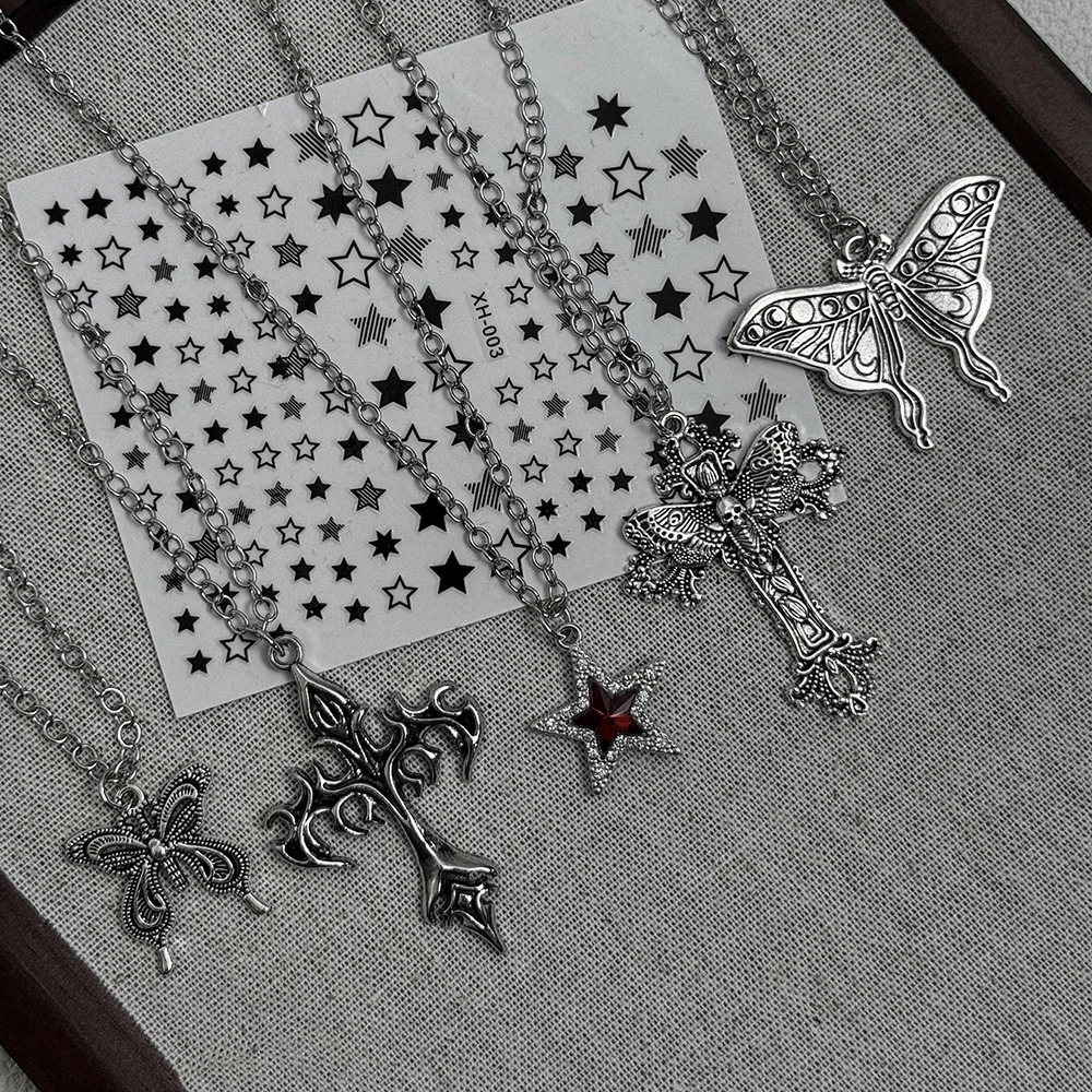 Y2K Gothic Silver Butterfly & Cross Pendant Necklace Set, Vintage Moth & Star with Red Crystal Necklaces, Punk Jewelry for Wo 4