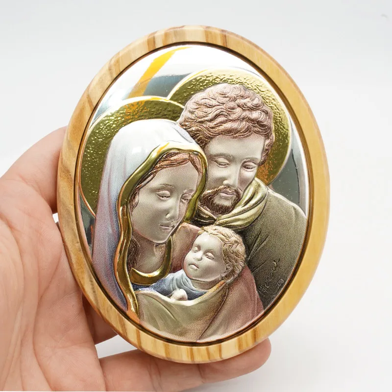 Color Holy Family 925 Silver Plate Relief Icon Table Decor Olive Wood Catholic Holy Object Ornament Jesus Virgen Maria Statues
