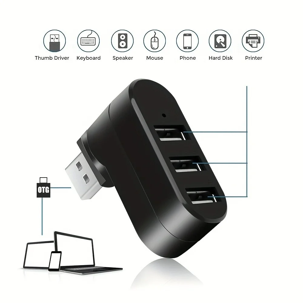 USB 2.0 Hub 3 Ports 180° Rotatable Splitter Adapter High Speed Data Transfer for PC Lenovo Xiaomi Laptop Mac Computer Accessorie