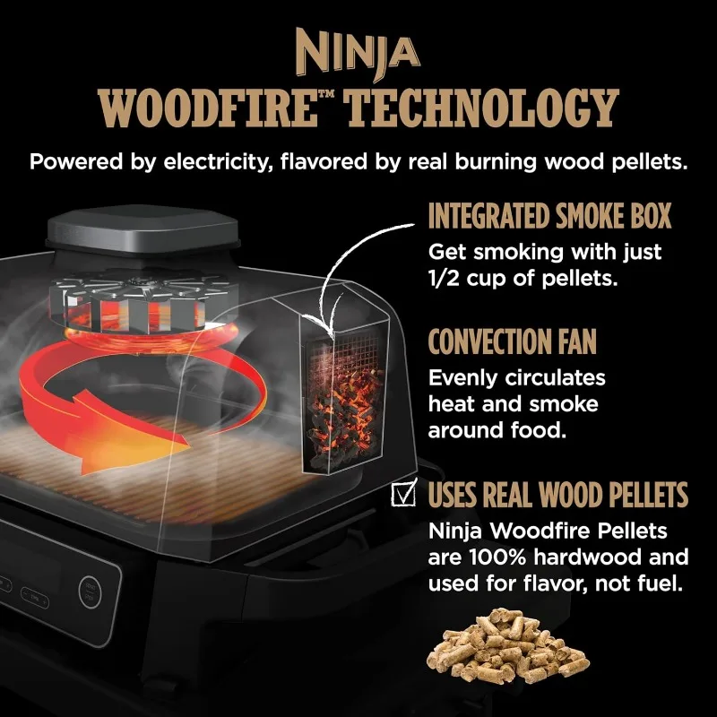 Ninja OG751BRN Woodfire Pro Outdoor Grill & Smoker with Built-In Thermometer, 7-in-1 Master Grill, BBQ Smoker, Air Fryer, Bake 5