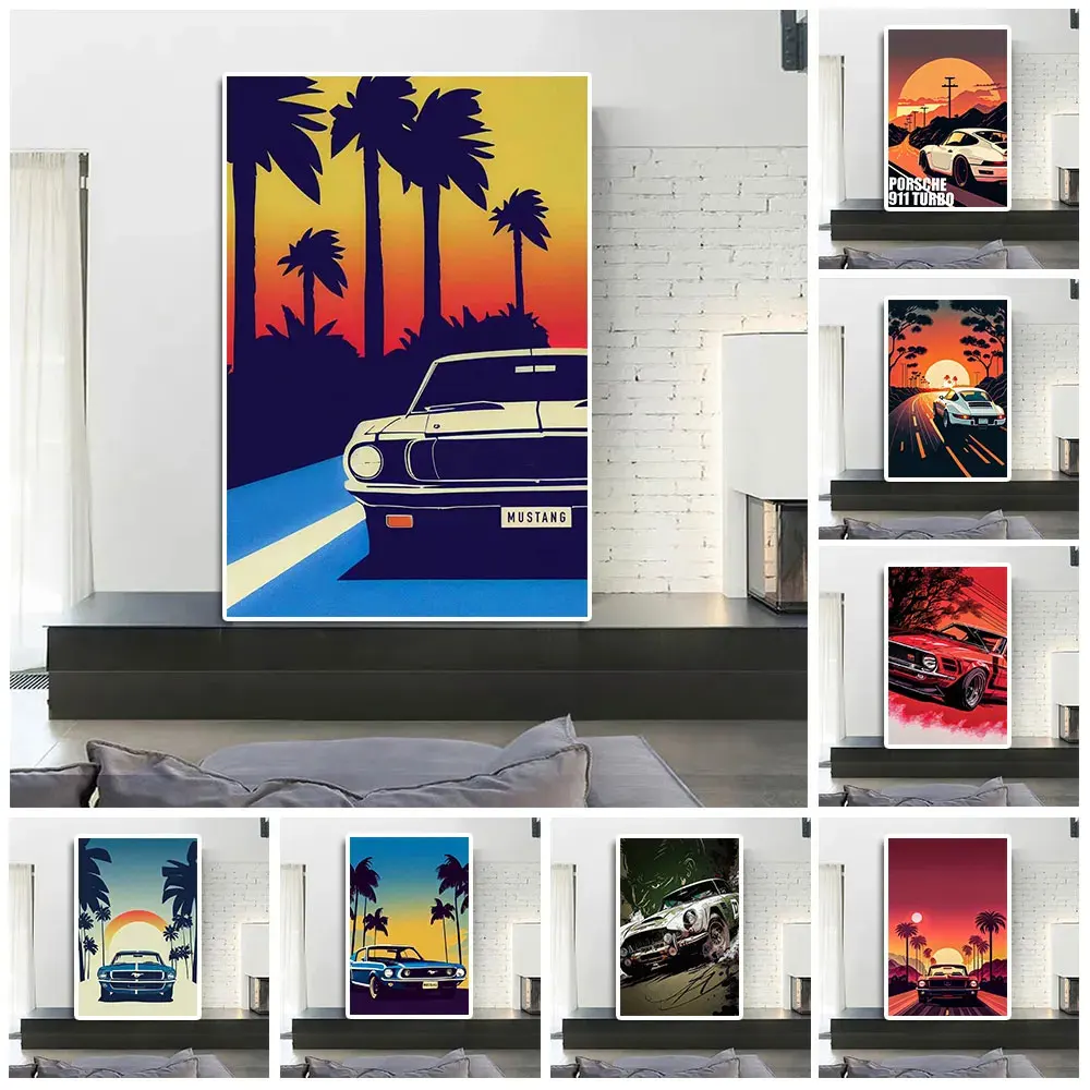 

Cartoon Style Racing Comic Illustration Poster Sports Car Travel Poster Retro Canvas Painting Supercar Wall Art Room Decor